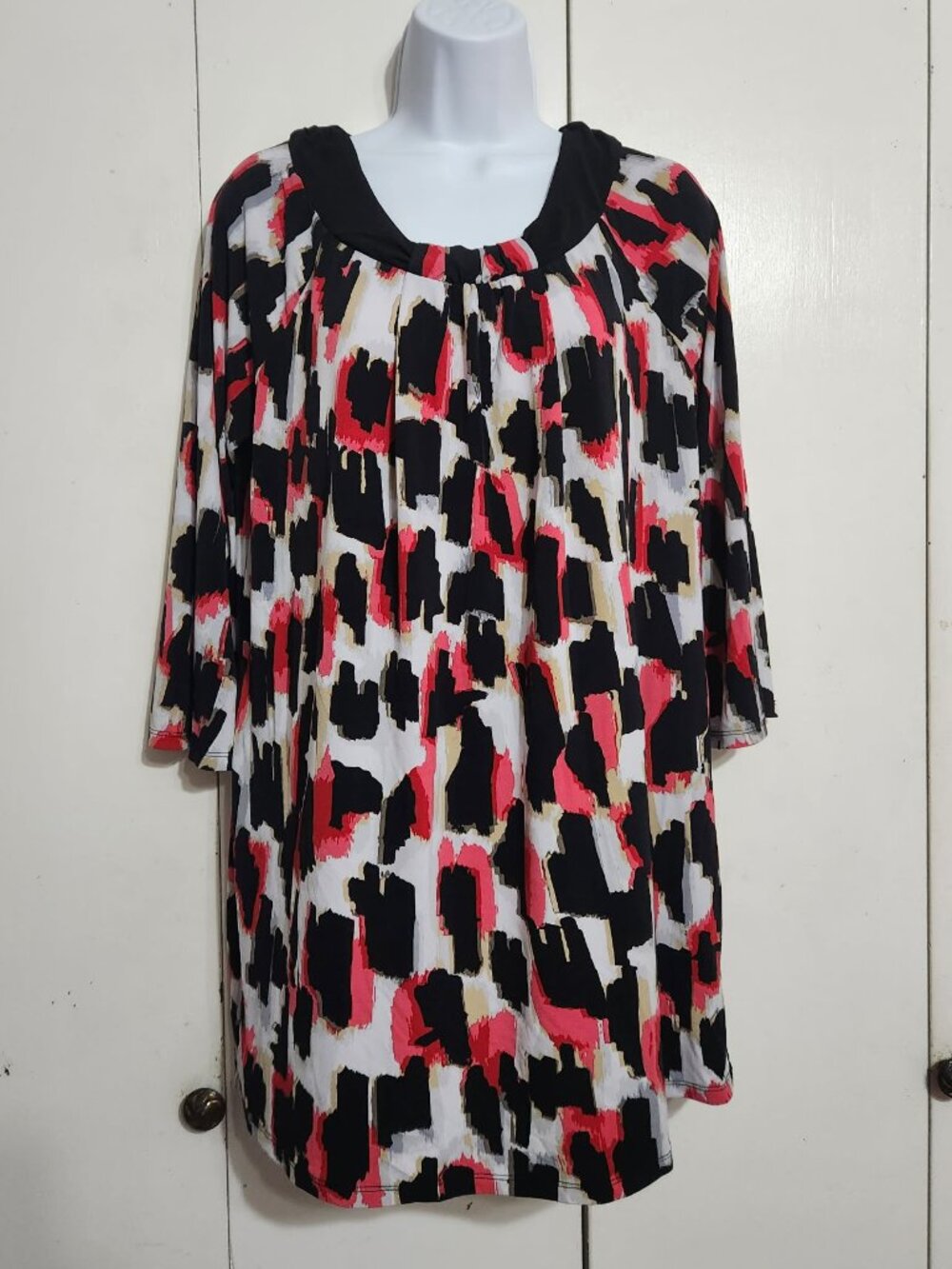 Style & Co Top Womens Large Pink Black Abstract Brushstroke 3/4 Sleeve Tunic L